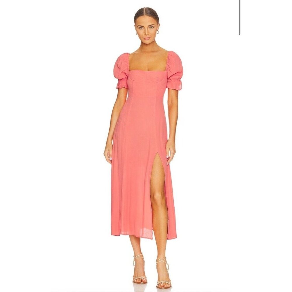 WeWoreWhat Puff Sleeve Midi Dress Coral Orange Pink